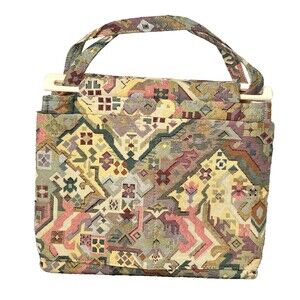 Vtg TOBY WESTON Tapestry Hand Bag Purse Satchel Pockets Wood Handles USA Cottage
